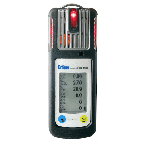 Drager portable gas detector monitor with display screen and red flashing light indicators