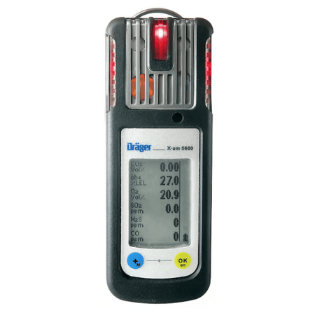 Drager portable gas detector monitor with display screen and red flashing light indicators